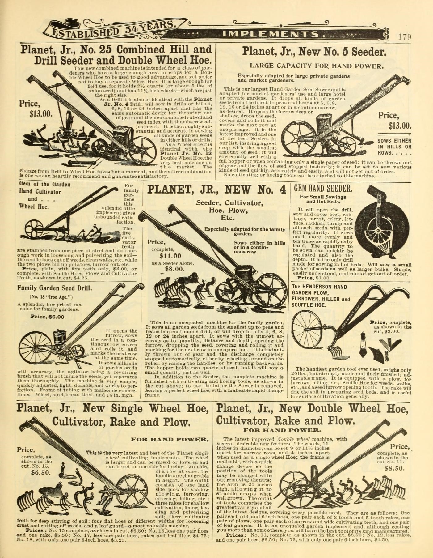 An old catalog page showing various brands of wheel hoes